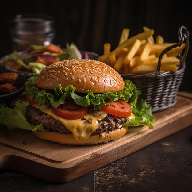 Hamburger z sałatą, pomidorem i cebulą na drewnianej desce do krojenia.