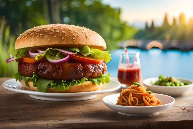 Hamburger z sałatką i butelką ketchupu