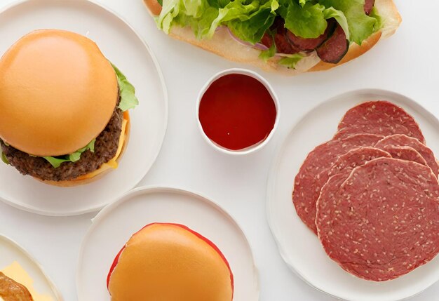Zdjęcie hamburger z serem, frytkami i napojem.