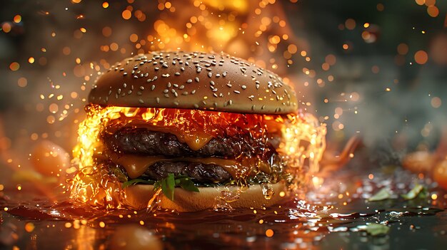 Zdjęcie hamburger z sosem jest w ogniu.