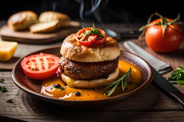 Hamburger z sosem pomidorowym i pomidorami na nim