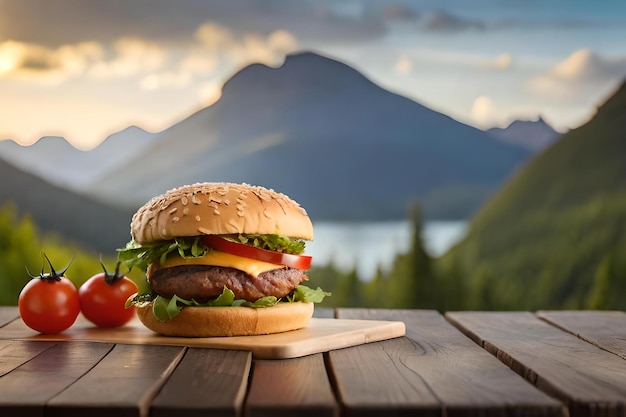 Zdjęcie hamburger z widokiem na góry w tle