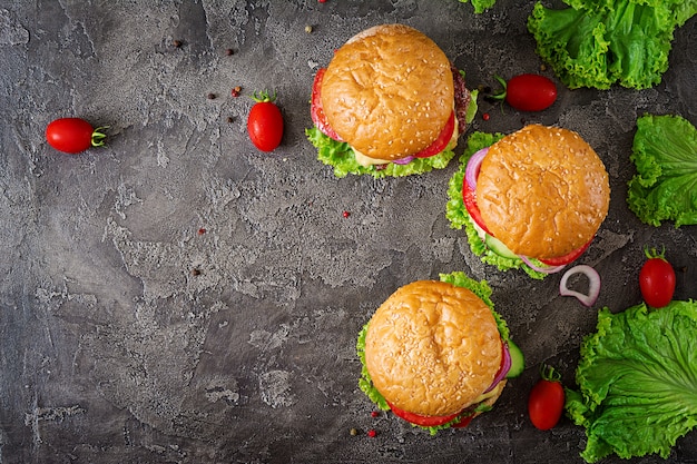 Hamburger z wołowiny mięsnym hamburgerem i świeżymi warzywami na ciemnym tle.