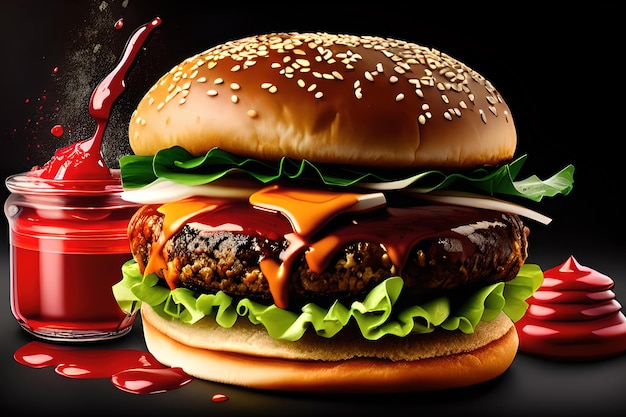 hamburger z zalewaniem ketchupem na białym tle na czarnym tle