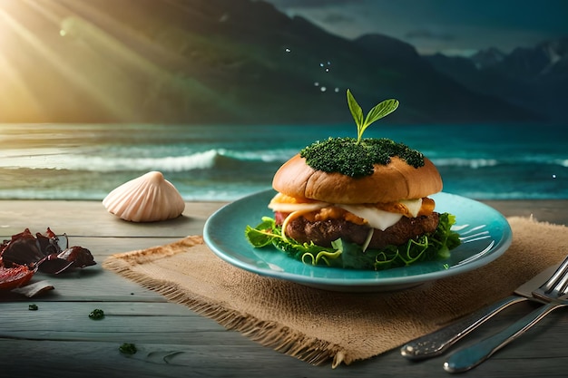 Hamburger z zielonym blatem siedzi na talerzu na stole z widokiem na ocean.