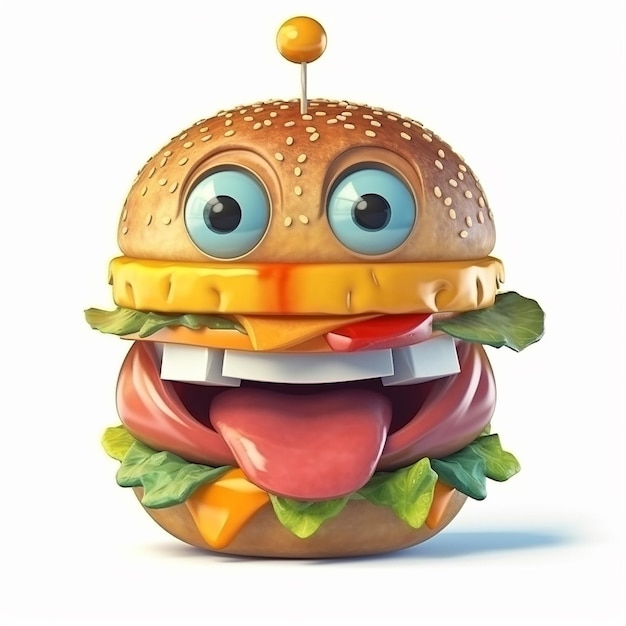 Hamburger zabawny, uroczy, kreskówkowy, jedzenie, ilustracja 3D na białym tle, kreatywny avatar