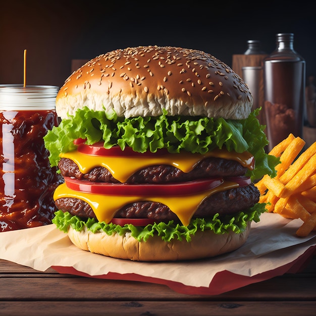 Hamburger ze szklanką ketchupu obok