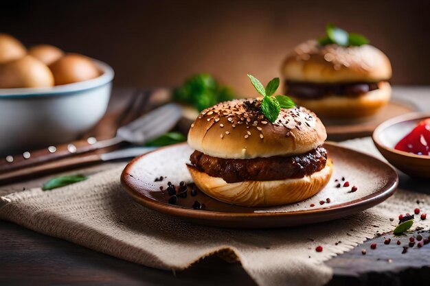 Hamburgery na talerzu z miską jedzenia