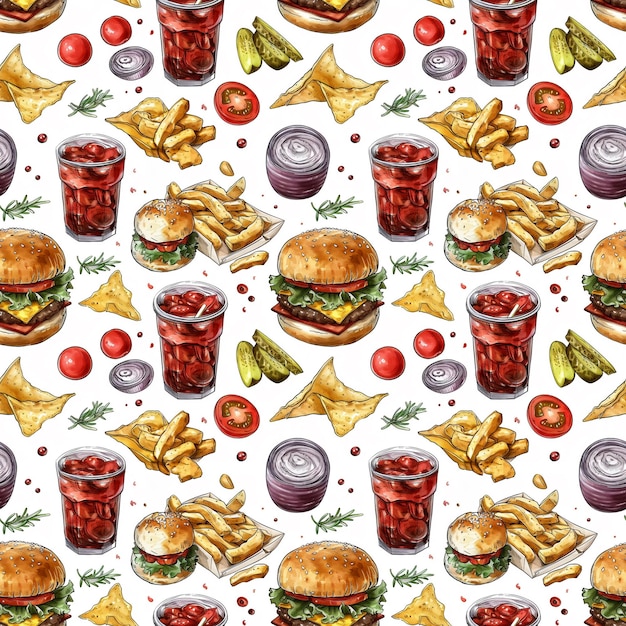 Hamburgery w stylu wektorowym typu fast food z bezszwowym wzorem