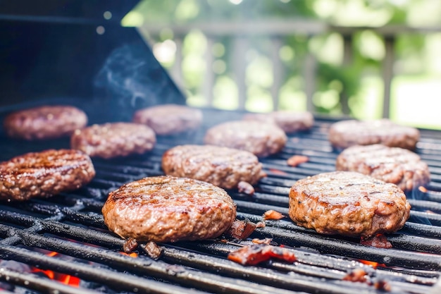 Hamburgery z wołowiny syczące na grillu.