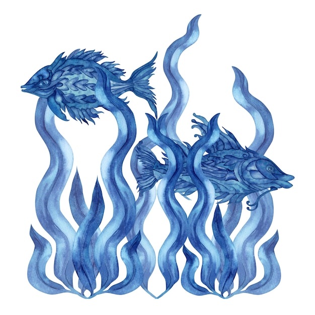 Handdrawn akwarela ilustracja fantasy niebieskie kwiaty ryb