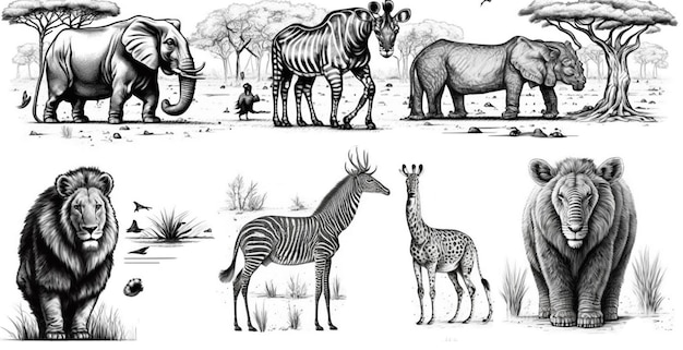 Handdrawn czarno-biały szkic zestaw dzikich zwierząt z Afryki sawanna dżungla szakal lis goryl szympans hiena lew żyrafa zebra