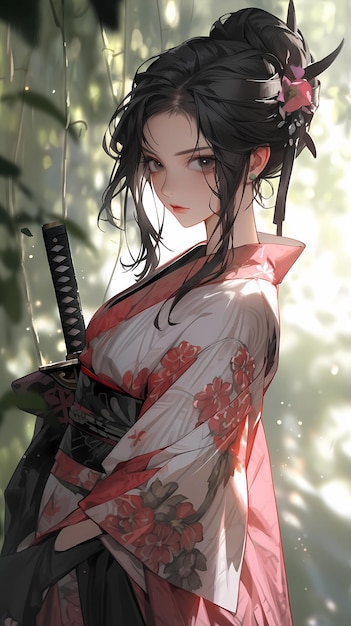 Handdrawn kreskówka piękna ilustracja japońskiego wojownika anime dziewczyna w kimonie