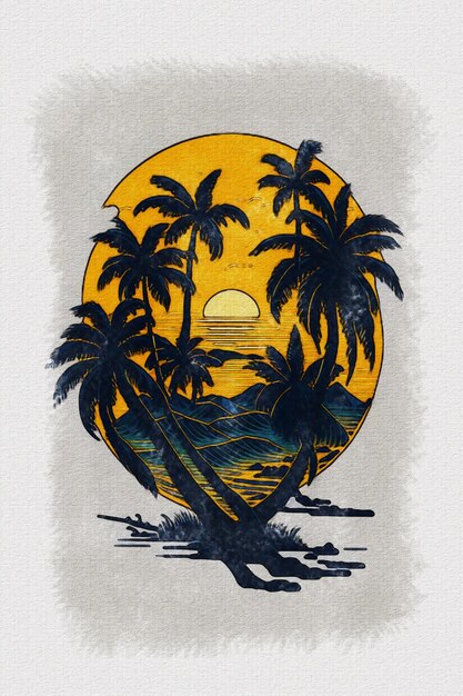 Handdrawn zarys szkicu ilustracji zachodu słońca góry i palmy do projektowania tshirt
