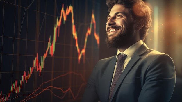 Handel akcjami lub walutami przez ekran z wykresami szczęśliwy uśmiechnięty biznesmen ai generowany