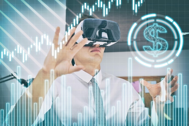 Handlowiec w biurze z okularami VR przy użyciu interfejsu finansowego