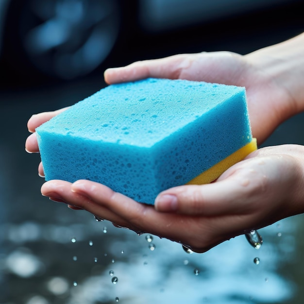 Zdjęcie hands holding a sponge ready to hand wash the car generative ai