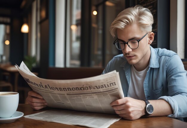 Zdjęcie handsome young man reading newspaper at table in coffee shop