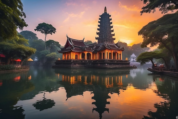 Hanoi buddyjska pagoda na zachodnim jeziorze kolorowy zachód słońca oświetlony świątynia odbicie wody