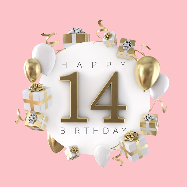 Happy 14 urodziny kompozycja z balonami i prezentami 3D Render