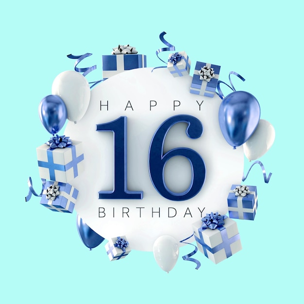 Happy 16 urodziny kompozycja z balonami i prezentami 3D Render