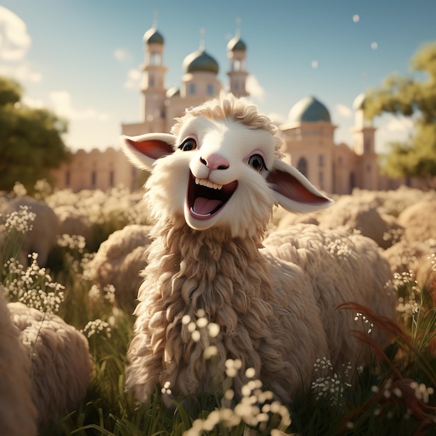Happy 3D cartoon owiec smilling na polu z kościołem na tle ai generowane