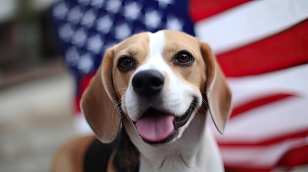 Happy Beagle stojący z flagą USA w koncepcji 4 lipca z technologią Generative AI