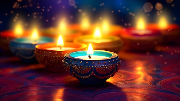 Happy Diwali oświetlenie lampy naftowe Diya na ciemnym tle flary magenta