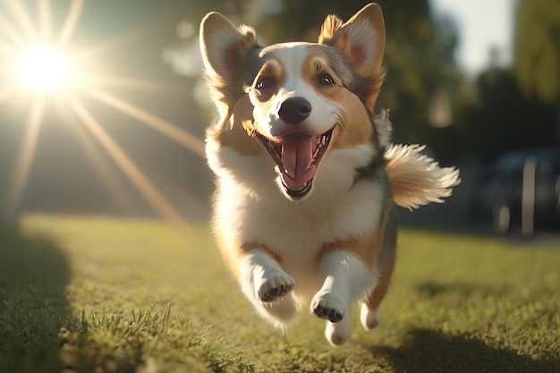 Happy Dog biegający na zewnątrz z słonecznym jasnym tłem Generative Ai