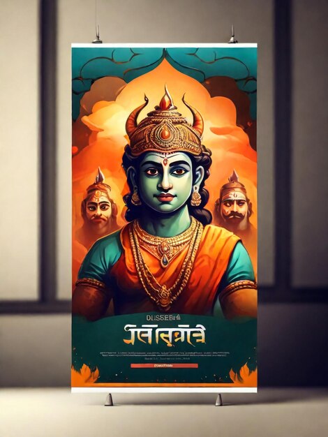 Zdjęcie happy dussehra celebration poster design z mitologią hinduską pan rama trzymający łuk i strzały na poparzonym brązowym tle