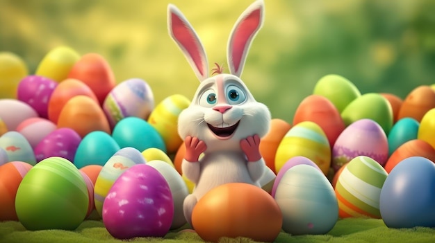 Happy Easter Bunny z wieloma kolorowymi pisankami Generative AI