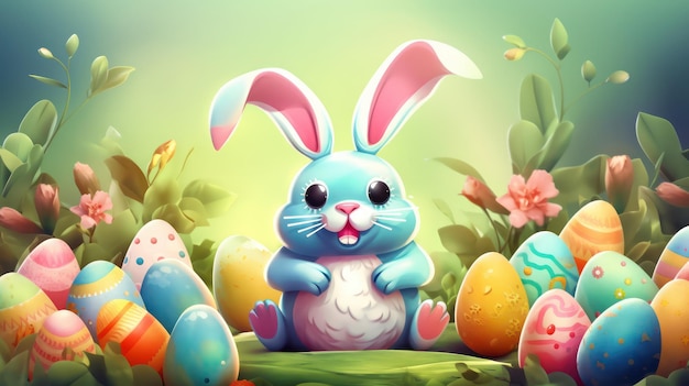Happy Easter Bunny z wieloma kolorowymi pisankami Generative AI