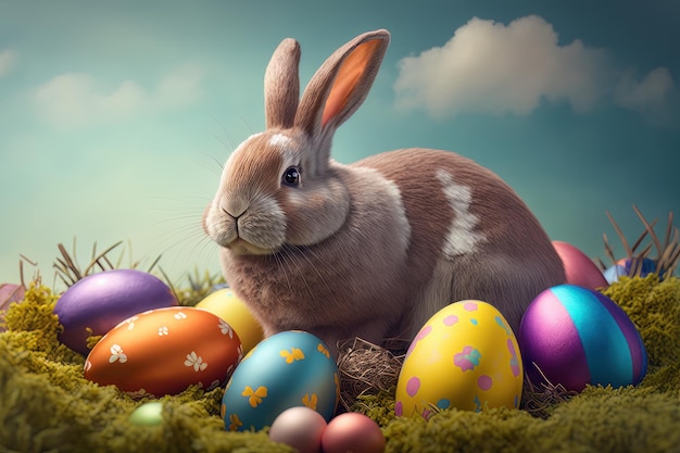 Happy Easter Bunny z wieloma kolorowymi pisankami Illustrator AI Generative