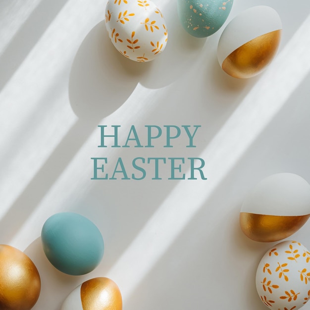 Happy Easter card Złote i niebieskie pisanki na białym tle Koncepcja wakacje