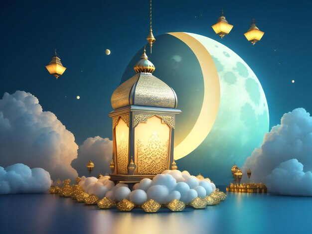 Happy eid alfitr tło lampionów księżyc i chmury ai generowane