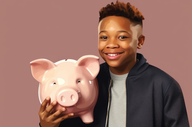 Happy Ethnic Boy Holding Pink Piggy Bank ai wygenerowany