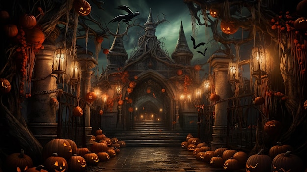 Happy Halloween Banner with Pumpkins Spooky Celebration and Spooky Decorations Set the Haunted Scene generowane przez ai