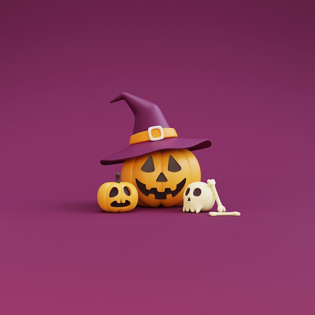 Happy Halloween Koncepcja, Postać Z Dyni W Kapeluszu Czarownicy, Czaszka, Kości. Na Fioletowym Background.3d Renderowania.