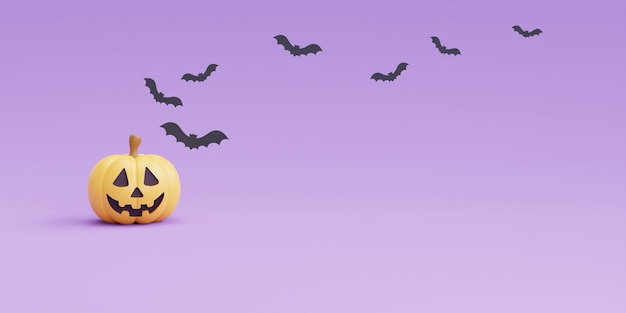 Happy Halloween koncepcja z postacią dyni i nietoperza na fioletowym renderingu background.3d.