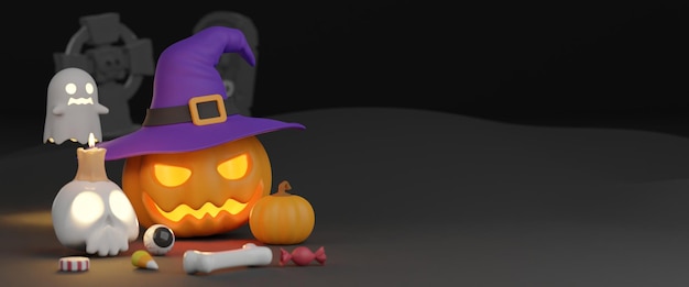 Happy halloween tło z dyniami i halloweenowymi ozdobami Renderowanie 3D