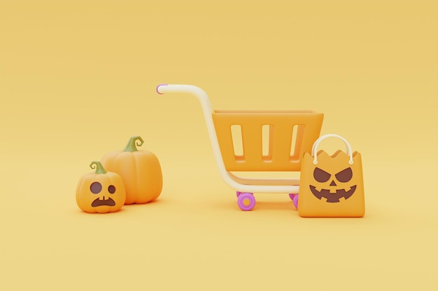 Happy Halloween Wyprzedaż Z Dyniami Jackolantern I Koszykiem Na żółtym Tle Tradycyjne Październikowe Wakacje Renderowania 3d