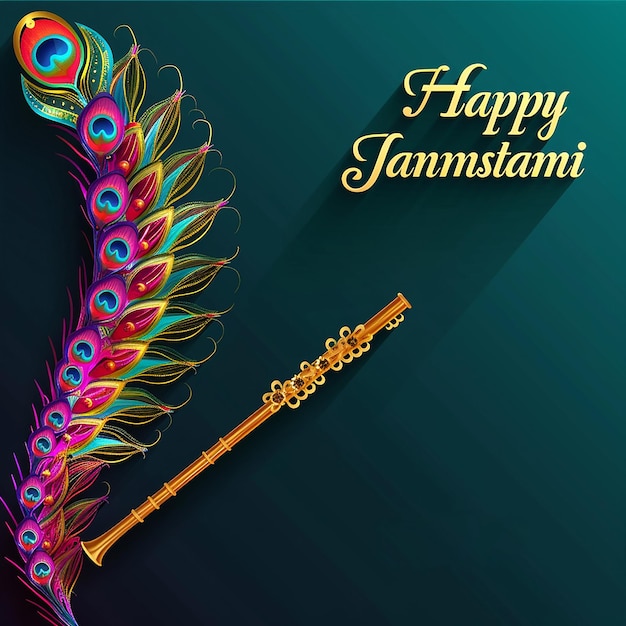 Happy Krishna Janmashtami Background Design z Peacock Feathers i festiwalną sztuką na uroczystości