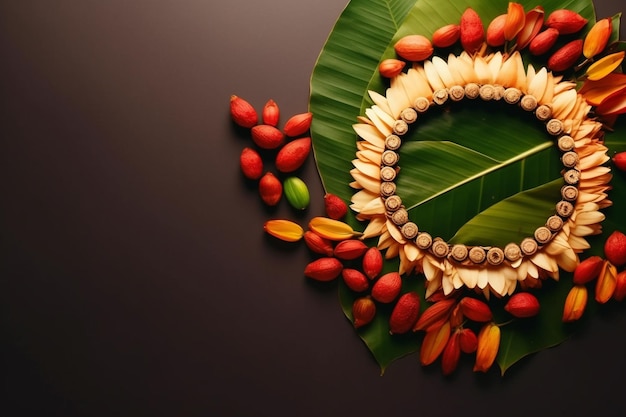 Happy Onam Holiday dla festiwalu w południowych Indiach na kartkę z życzeniami baner plakat tytuł godło etykieta tag starożytny hinduski festiwal Kerala Malayalis Harvest Sadya Thiruvathira Kali Generative AI