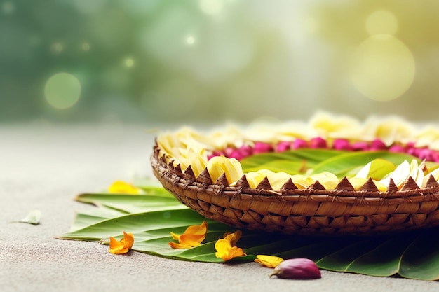 Happy Onam Starożytne hinduskie święto Kerali, które świętuje zbiory ryżu onam sadya ryż z nowych zbiorów liście bananowca payasam mieszanka cukru mlecznego Generacyjna sztuczna inteligencja