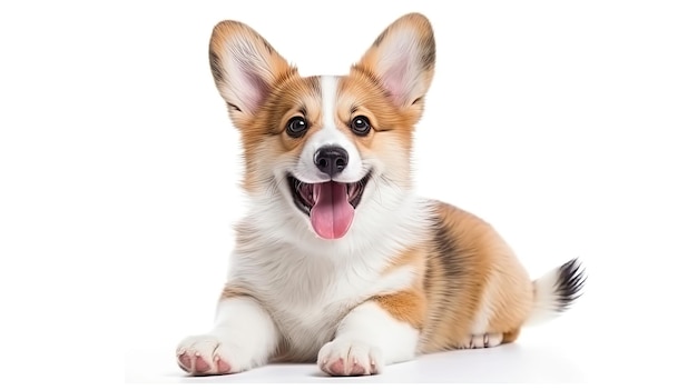 Happy Puppy Welsh Corgi 14 tygodni stary pies mrugając dysząc i siedzi na białym tle