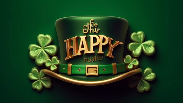 Happy Saint Patricks day napis znak z liśćmi koniczyny i zielonym kapeluszem Generative AI