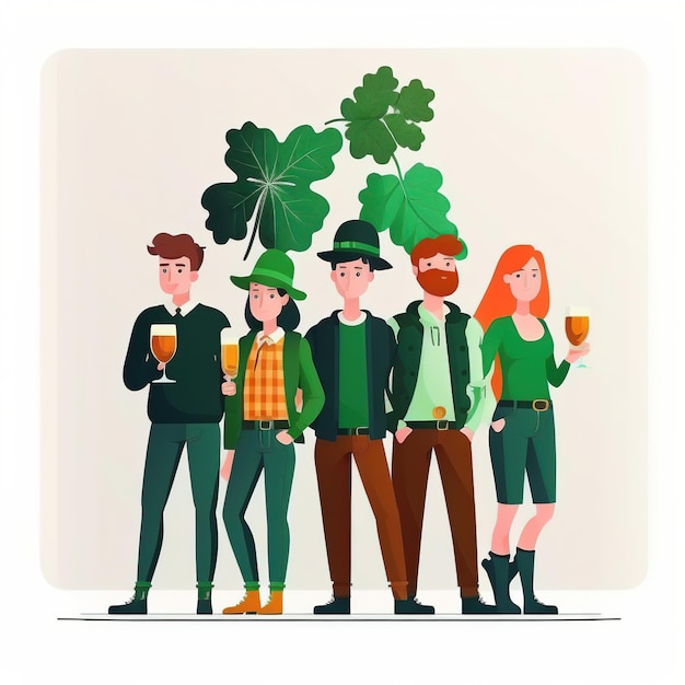 Happy St Patrick's Day ilustracja koniczyna pozostawia kubek piwa i kapelusz