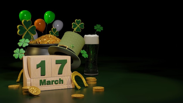 Happy St Patricks Day powitanie Szklanka do piwa Podium i zielony kapelusz na jasnozielonym tle Renderowanie 3d