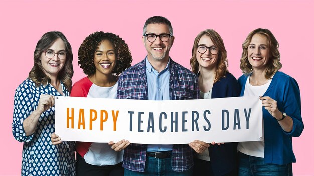 HAPPY TEACHERS DAY Grupa nauczycieli trzymających sztandary szczęśliwy dzień nauczycieli Generative ai