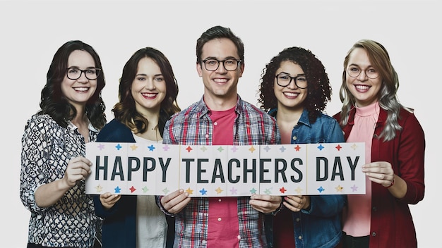 HAPPY TEACHERS DAY Grupa nauczycieli trzymających sztandary szczęśliwy dzień nauczycieli Generative ai